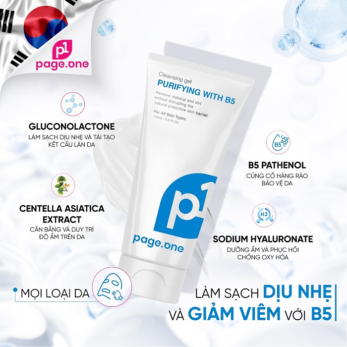 Gel rửa mặt PageOne Cleansing Gel Purifying With B5 bảng thành phần lành tính, an toàn với mọi làn da
